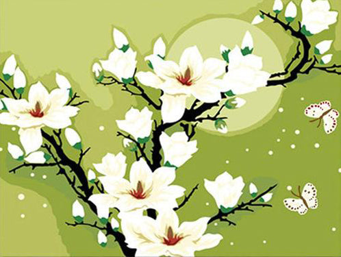 witte magnolia's onder een groene achtergrond Schilderen op Nummers