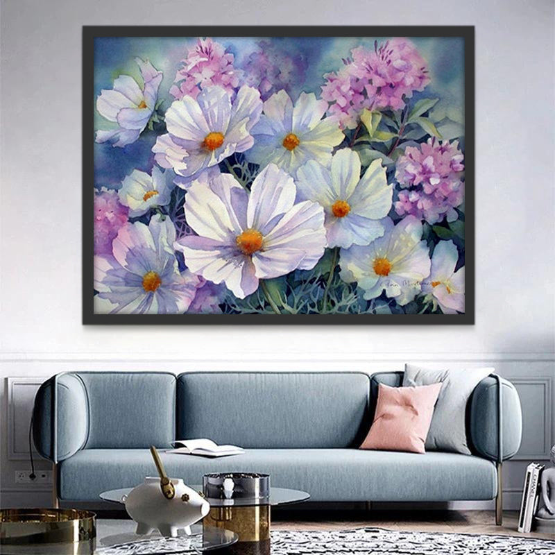 Witte margrieten en roze bloemen Schilderen op Nummers