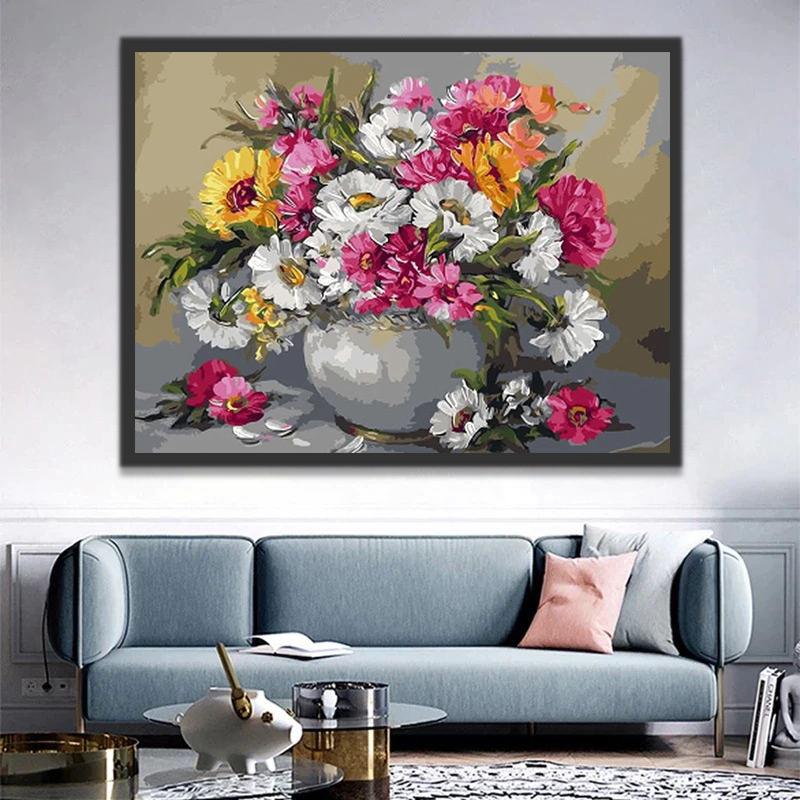 Witte, Oranje en Roze Chrysanten Schilderen op Nummers