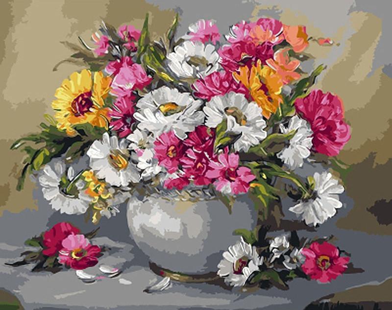 Witte, Oranje en Roze Chrysanten Schilderen op Nummers