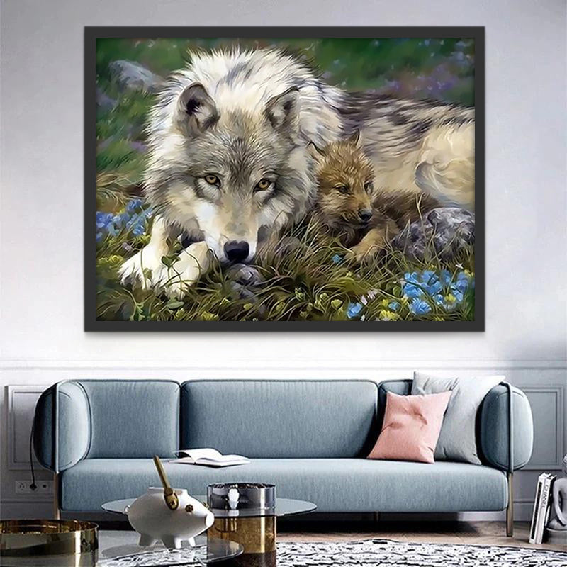 Wolf en Welp Liggen op het Gras Schilderen op Nummers