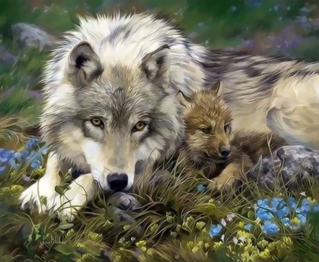Wolf en Welp Liggen op het Gras Schilderen op Nummers