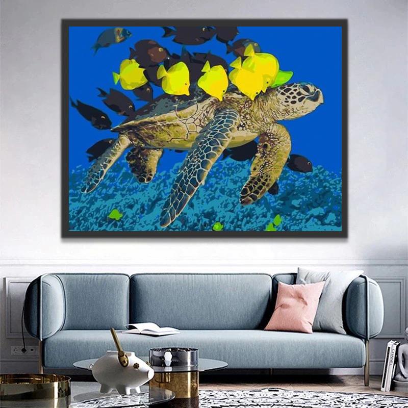 Zeeschildpad en Gele Vissen Schilderen op Nummers