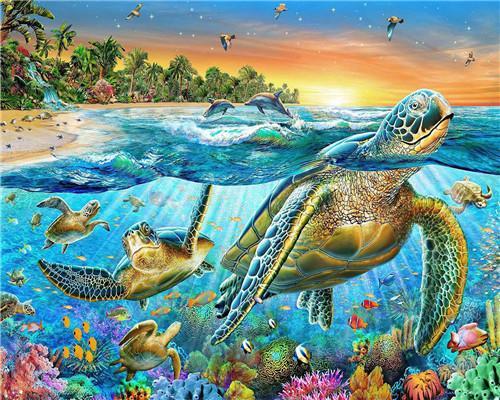 Zeeschildpadden bij Zonsondergang Schilderen op Nummers