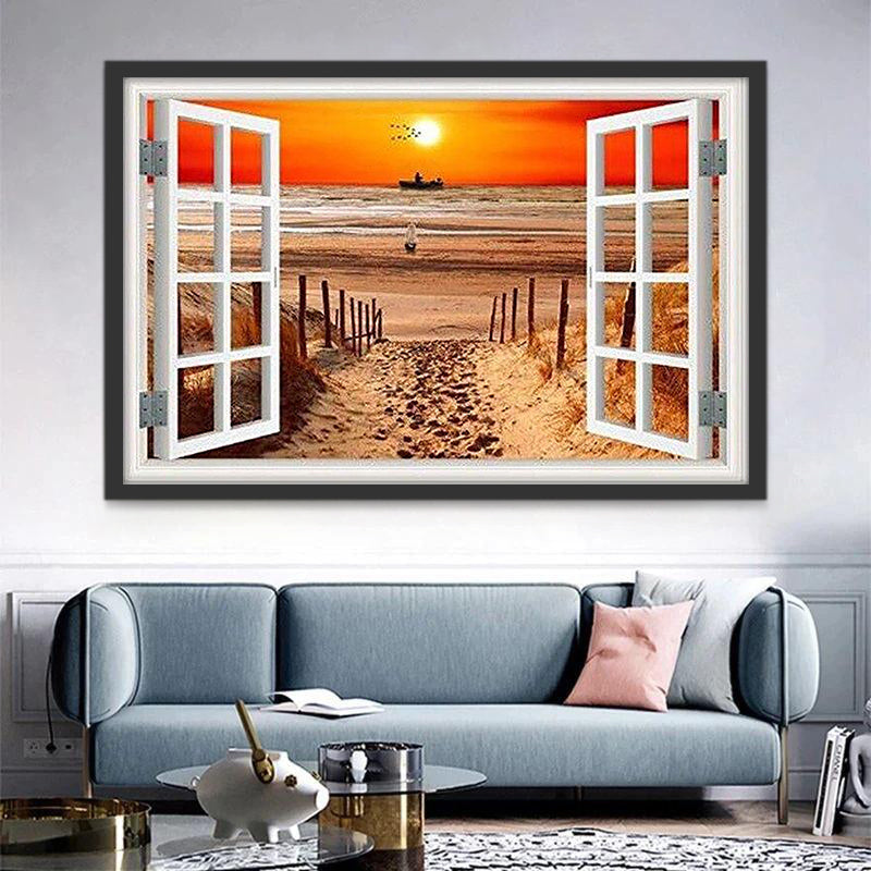 Zeezicht bij Zonsondergang vanuit het Raam Schilderen op Nummers