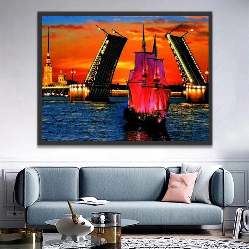 Zeilboot op Zee over de Hangbrug van St. Petersburg Schilderen op Nummers