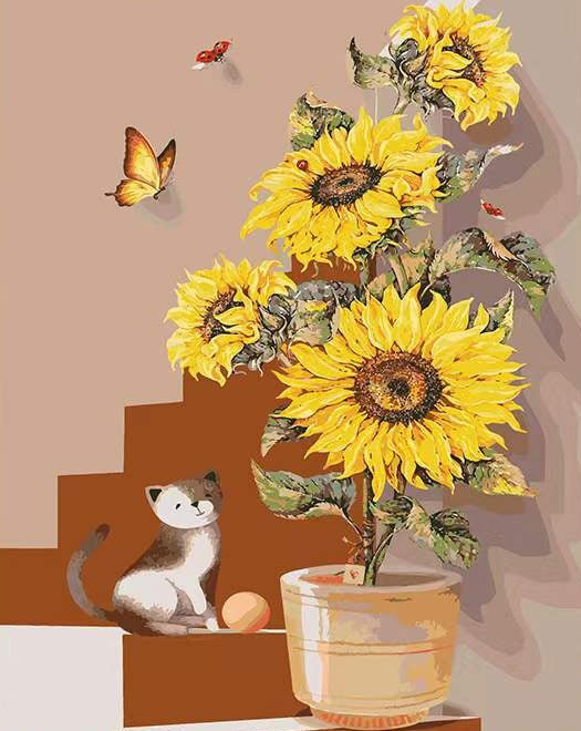 Zonnebloem en Kat Schilderen op Nummers