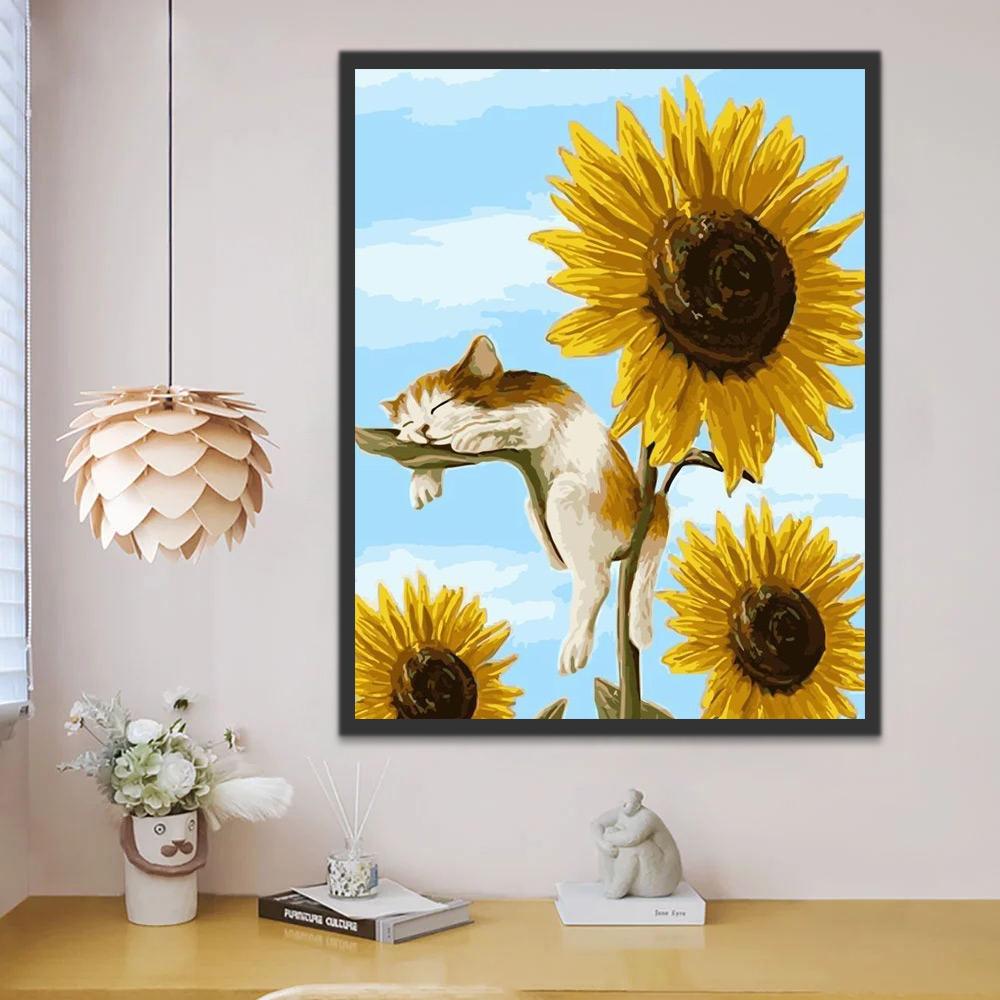 Zonnebloem en Slapende Kat Schilderen op Nummers