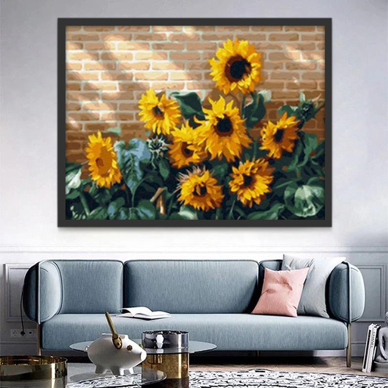 Zonnebloemen aan de Muur Schilderen op Nummers