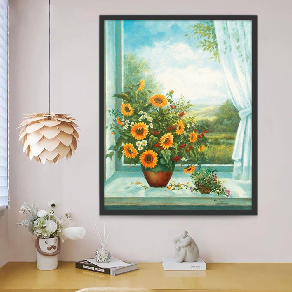 Zonnebloemen en Bloemen op een Blauwe Vensterbank Schilderen op Nummers