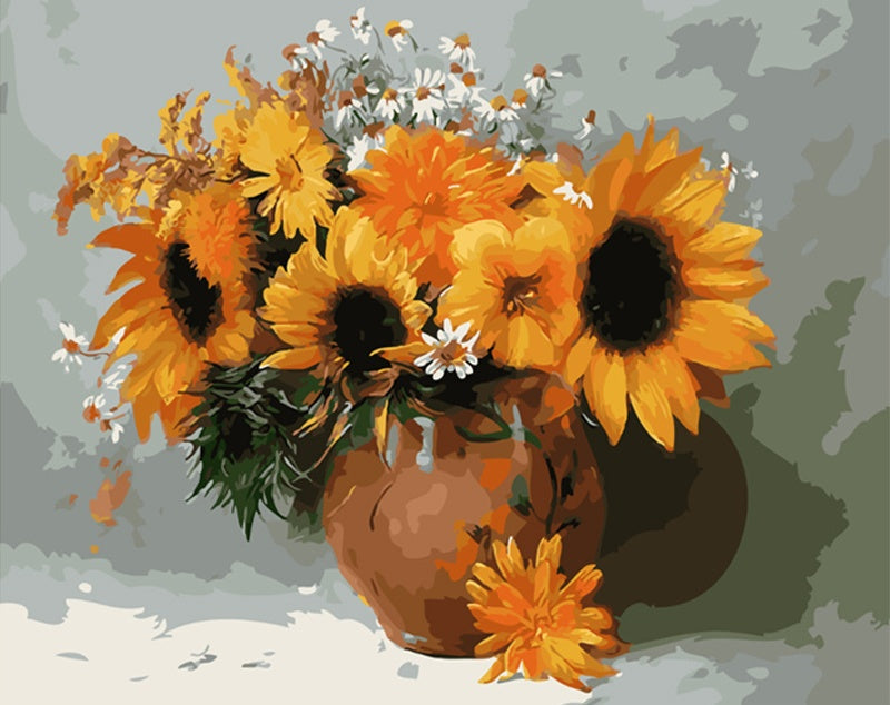 Zonnebloemen en Chrysanten in een Bruine Vaas Schilderen op Nummers