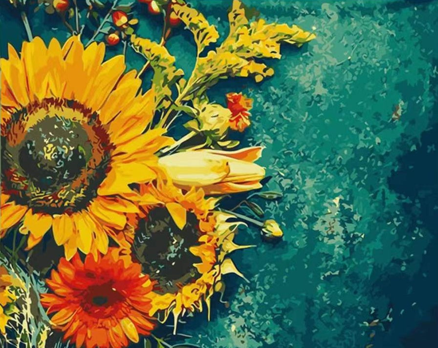 Zonnebloemen en Fruit op een Groene Achtergrond Schilderen op Nummers