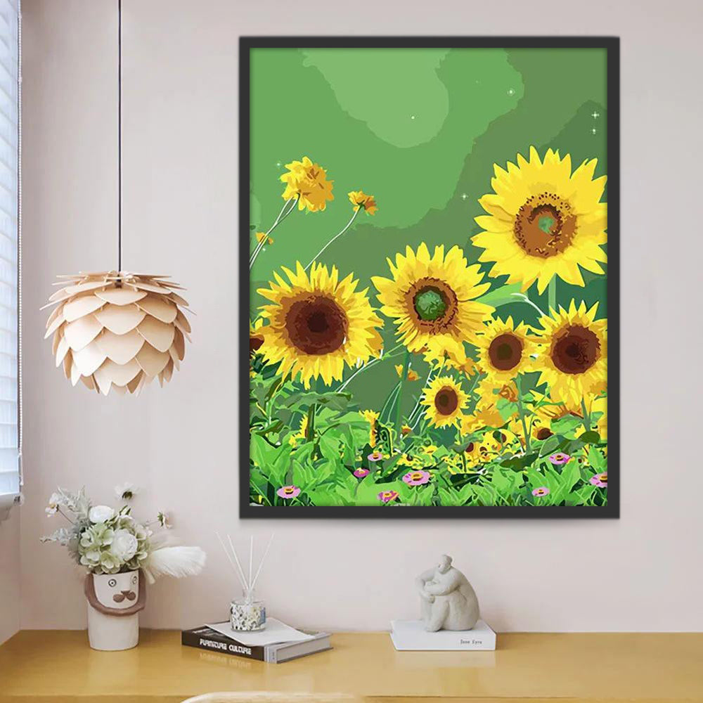 Zonnebloemen en Kleine Roze Bloemen Schilderen op Nummers