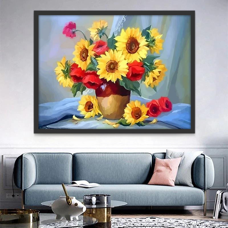 Zonnebloemen en Rode Bloemen op Gaas Schilderen op Nummers