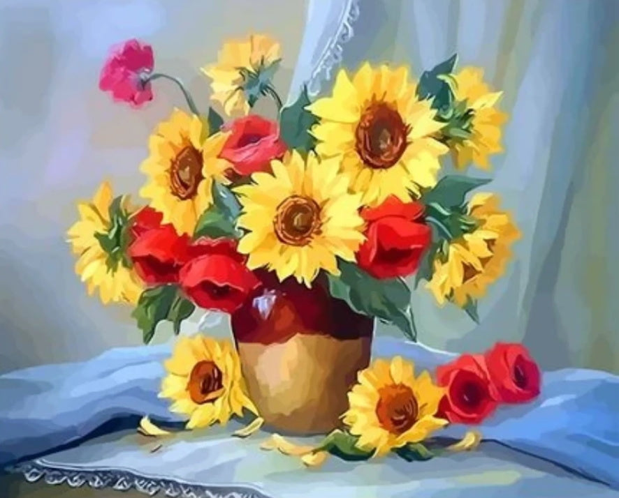 Zonnebloemen en Rode Bloemen op Gaas Schilderen op Nummers