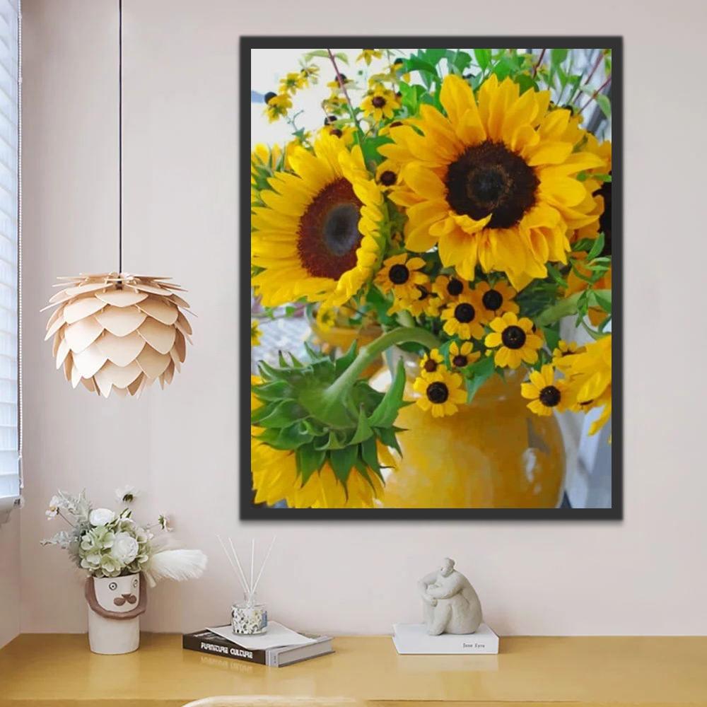 Zonnebloemen in een Gele Vaas Schilderen op Nummers