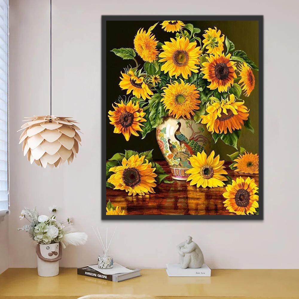 Zonnebloemen in een Vaas met Vogel- en Bloemmotieven Schilderen op Nummers