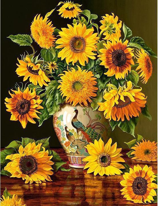 Zonnebloemen in een Vaas met Vogel- en Bloemmotieven Schilderen op Nummers