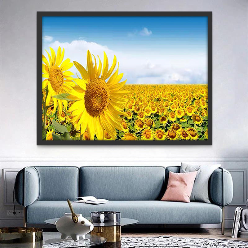 Zonnebloemen onder een Blauwe Hemel en Witte Wolken Schilderen op Nummers