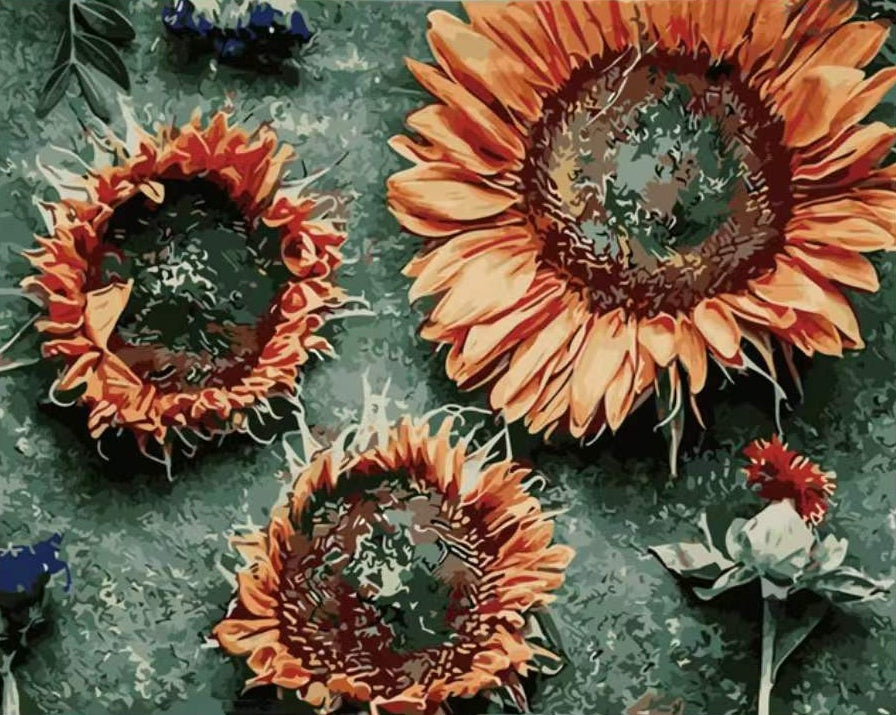 Zonnebloemen op een Donkergroene Achtergrond Schilderen op Nummers