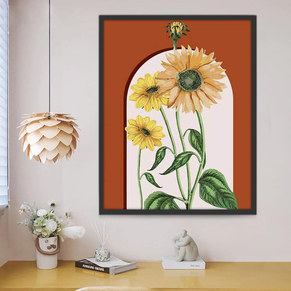 Zonnebloemen op een Oranje Vel Achtergrond Schilderen op Nummers