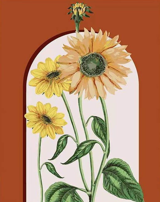 Zonnebloemen op een Oranje Vel Achtergrond Schilderen op Nummers