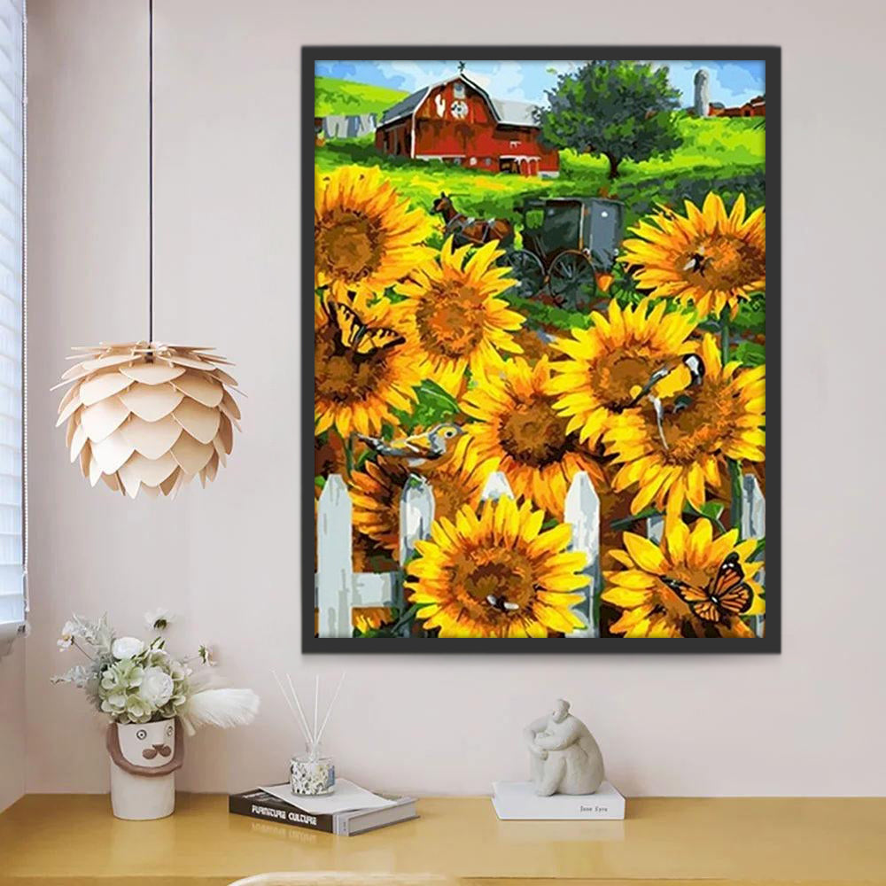 Zonnebloemen op het Hek, Vogels en Vlinders Schilderen op Nummers