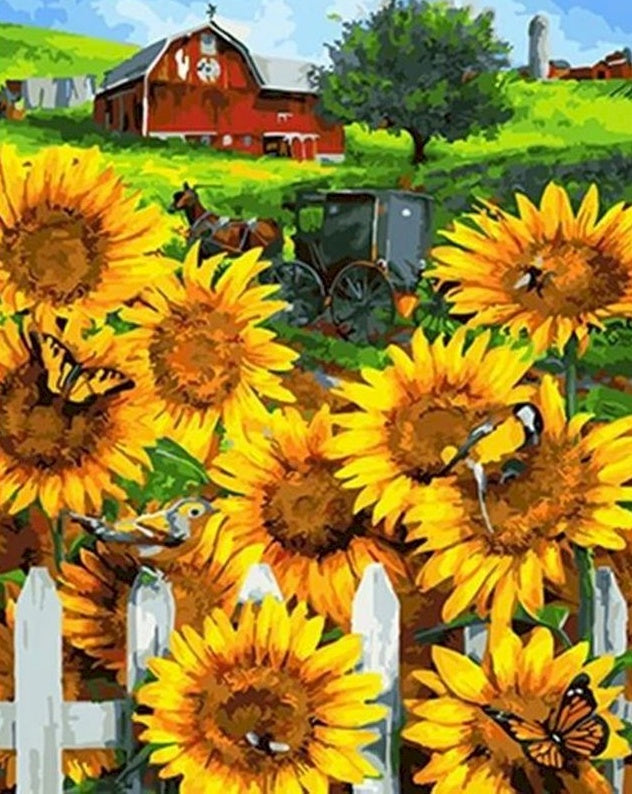 Zonnebloemen op het Hek, Vogels en Vlinders Schilderen op Nummers