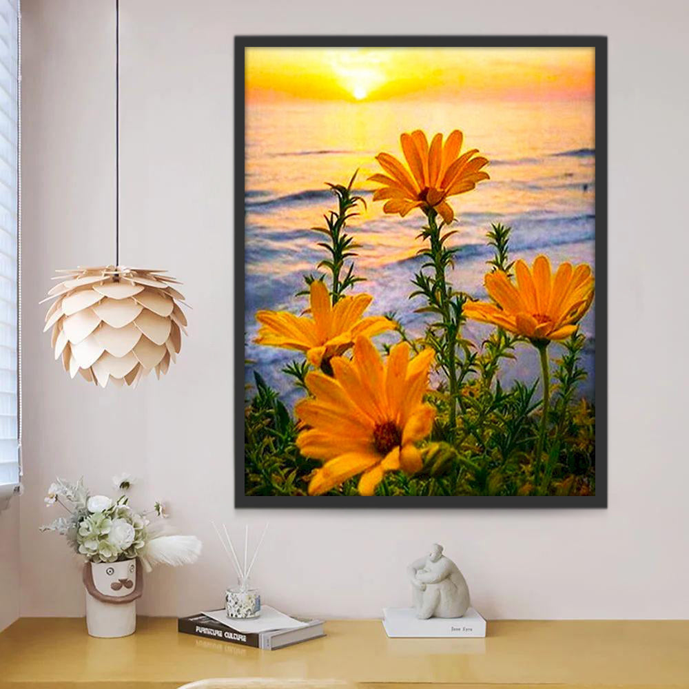 Zonnebloemen op het Strand bij Zonsondergang Schilderen op Nummers
