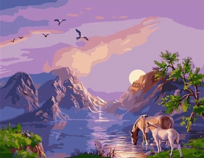 Zonsondergang bij Bergmeer met Paarden Schilderen op Nummers