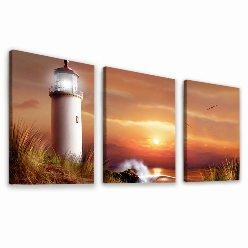 Zonsondergang en Vuurtoren 3 Platen Schilderen op Nummers