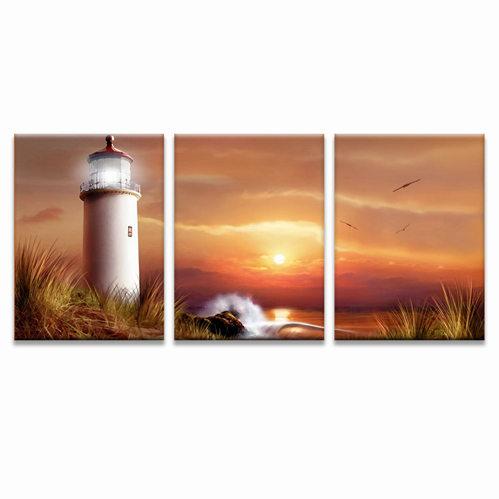 Zonsondergang en Vuurtoren 3 Platen Schilderen op Nummers