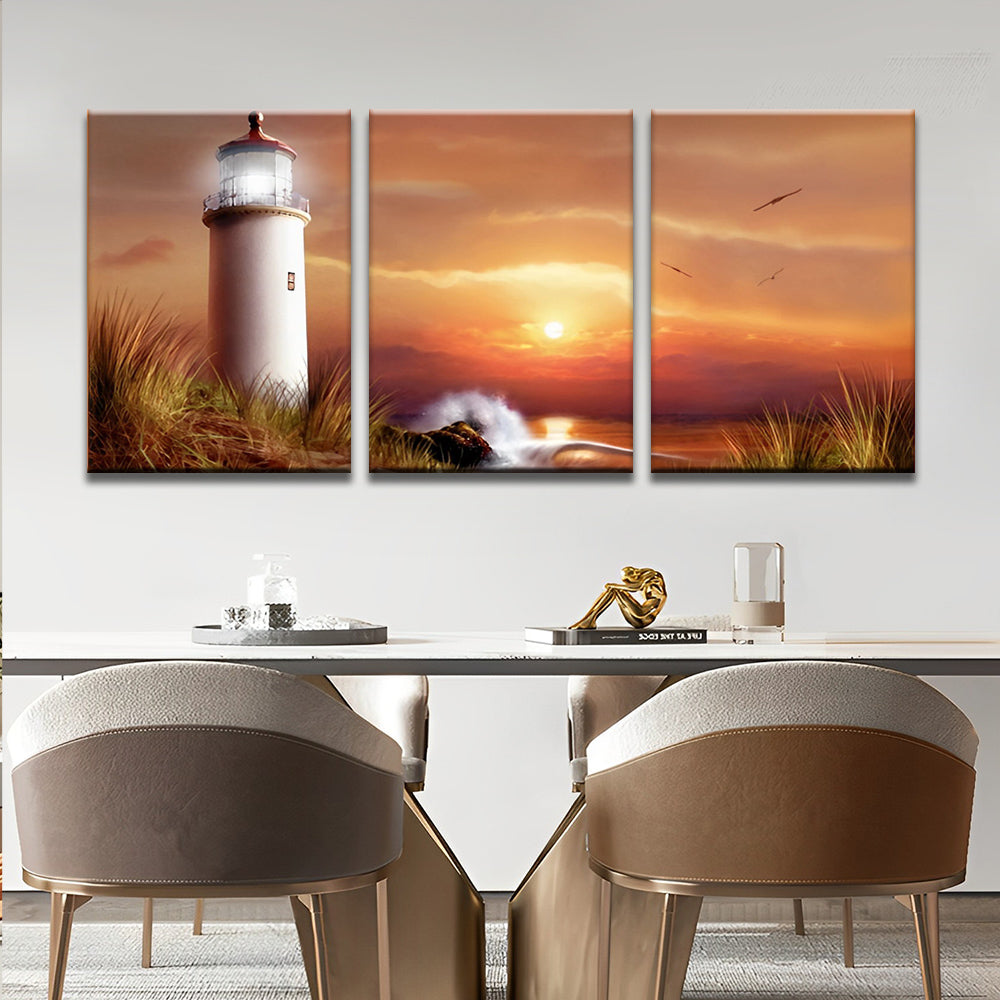 Zonsondergang en Vuurtoren 3 Platen Schilderen op Nummers