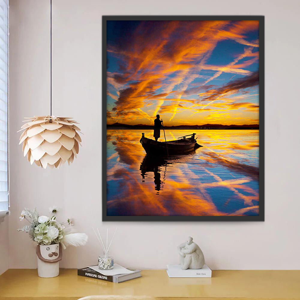 Zonsondergang met Roeier in Stille Wateren Schilderen op Nummers