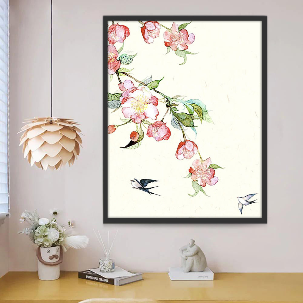 Zwaluwen en Roze Bloemen Schilderen op Nummers