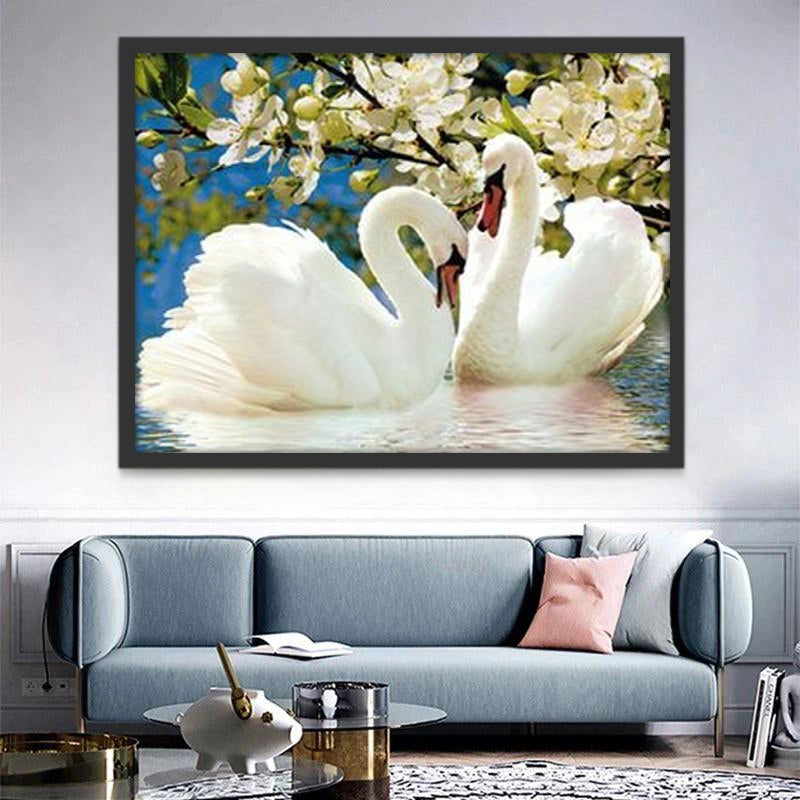 Zwanenpaar bij Witte Bloemen Schilderen op Nummers