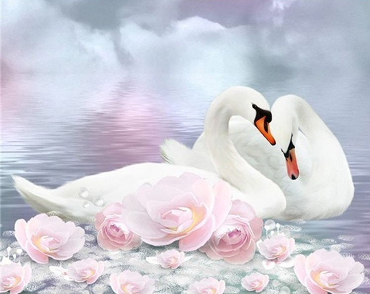Zwanenpaar en Roze Bloemen Schilderen op Nummers
