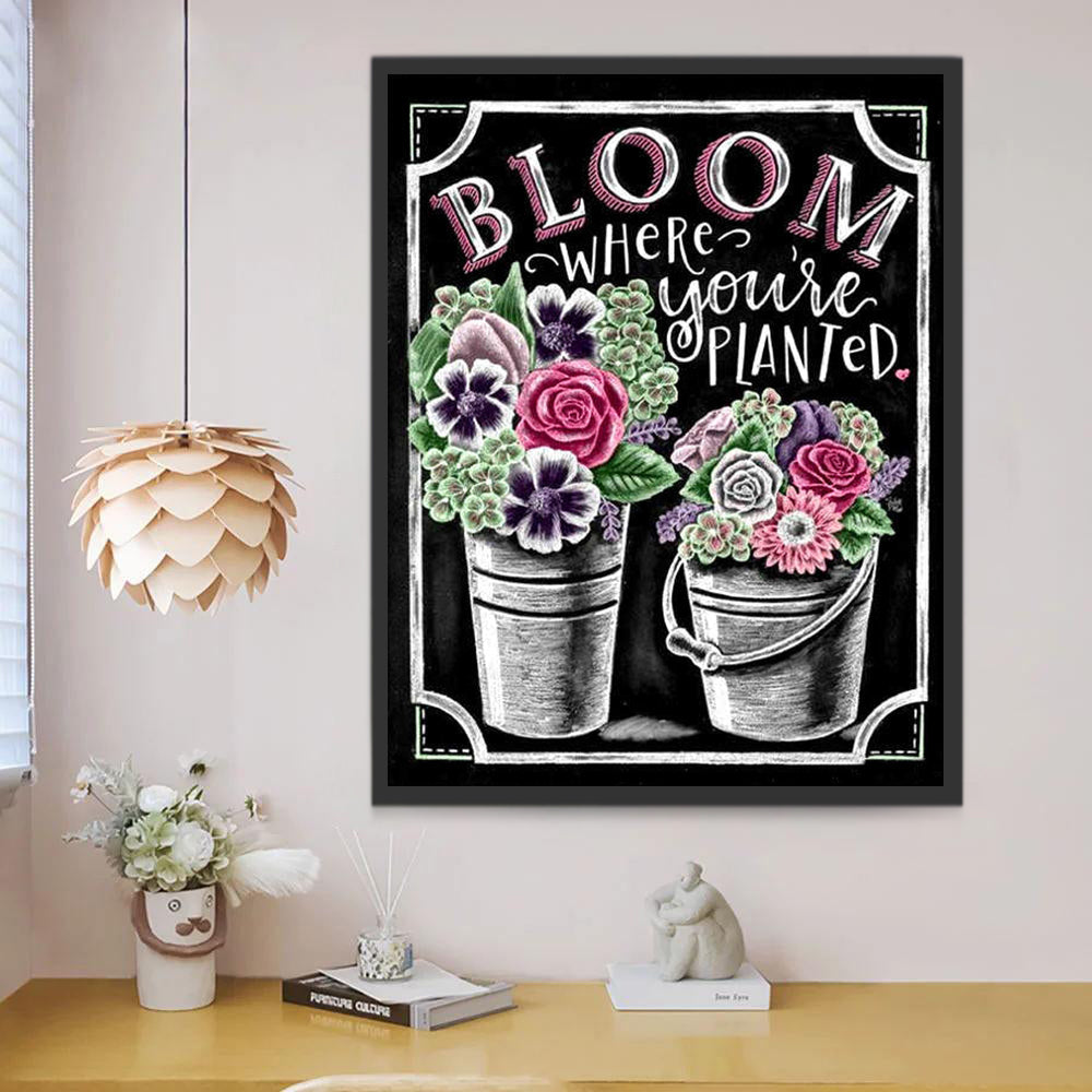 Zwart Bord met Bloemen in Pot Schilderen op Nummers