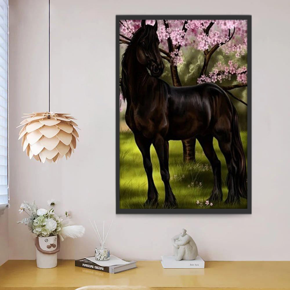Zwart Paard onder Roze Bloeiende Boom Schilderen op Nummers