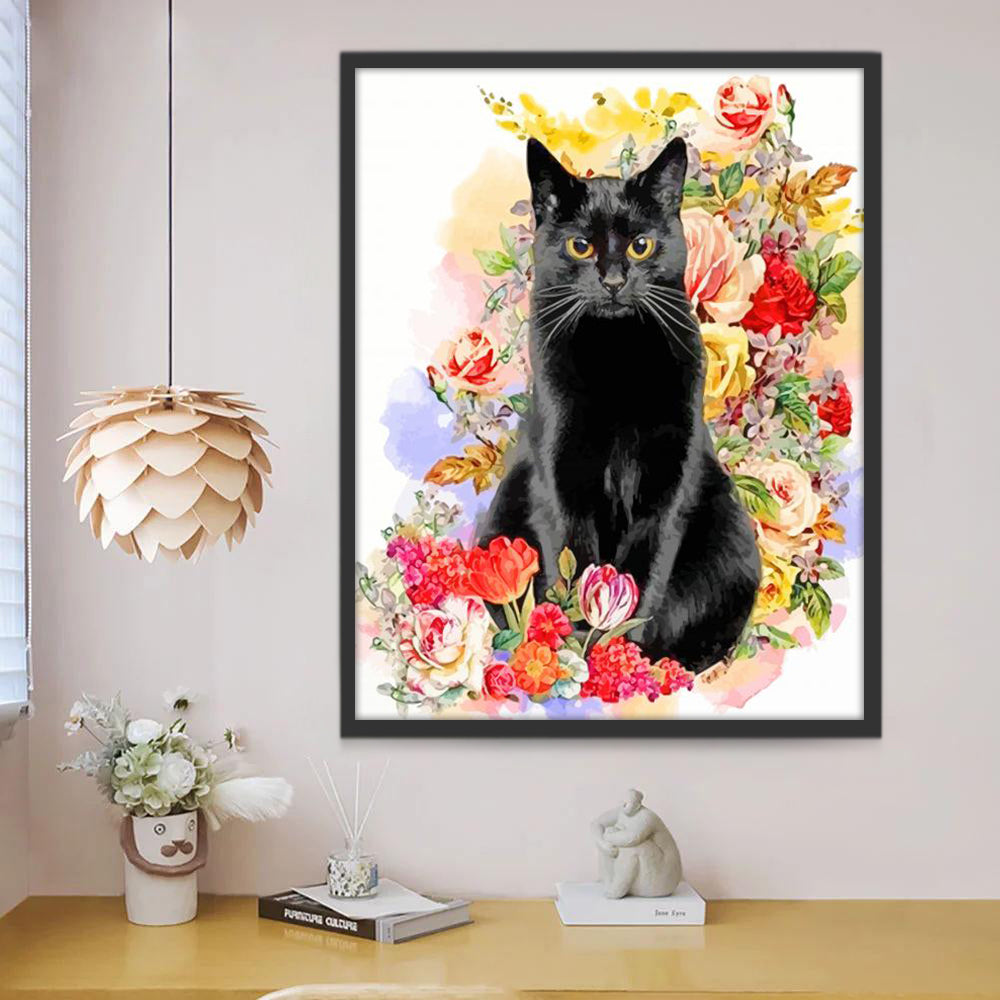 Zwarte Kat in de Bloemen Schilderen op Nummers
