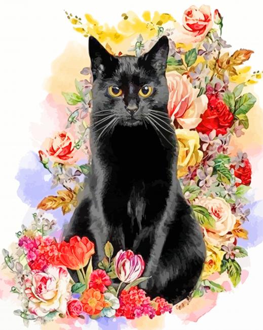 Zwarte Kat in de Bloemen Schilderen op Nummers