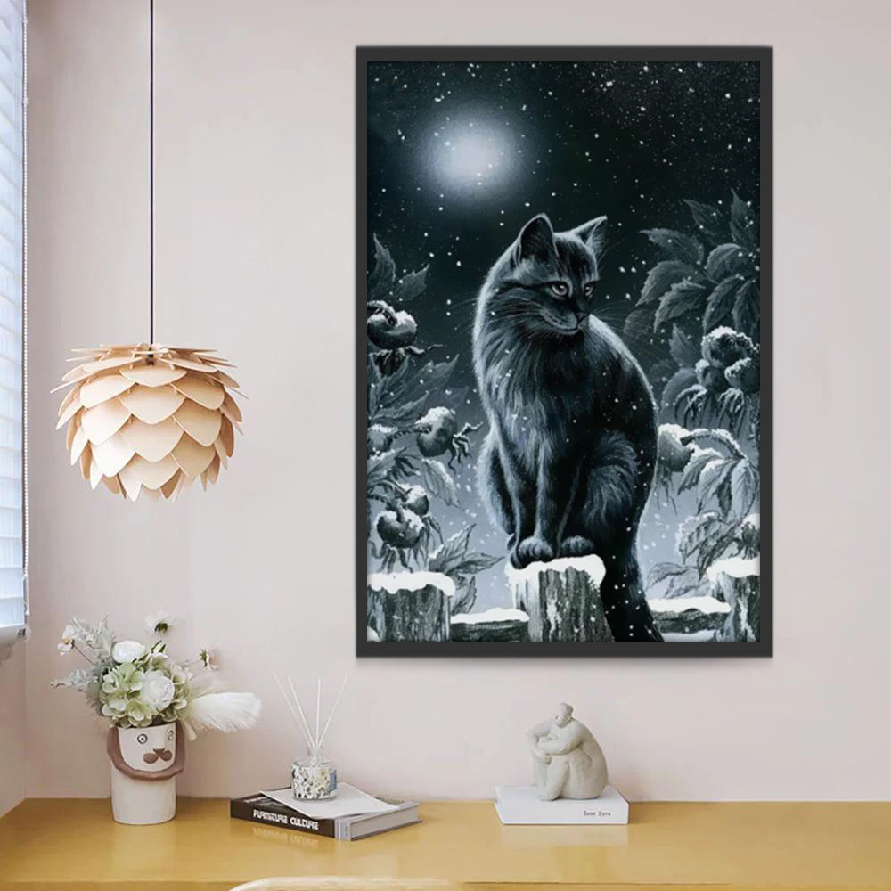 Zwarte Kat in de Sneeuwnacht Schilderen op Nummers