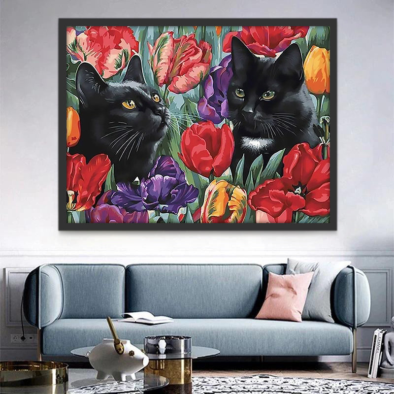 Zwarte Kat in Tulpenstruik Schilderen op Nummers