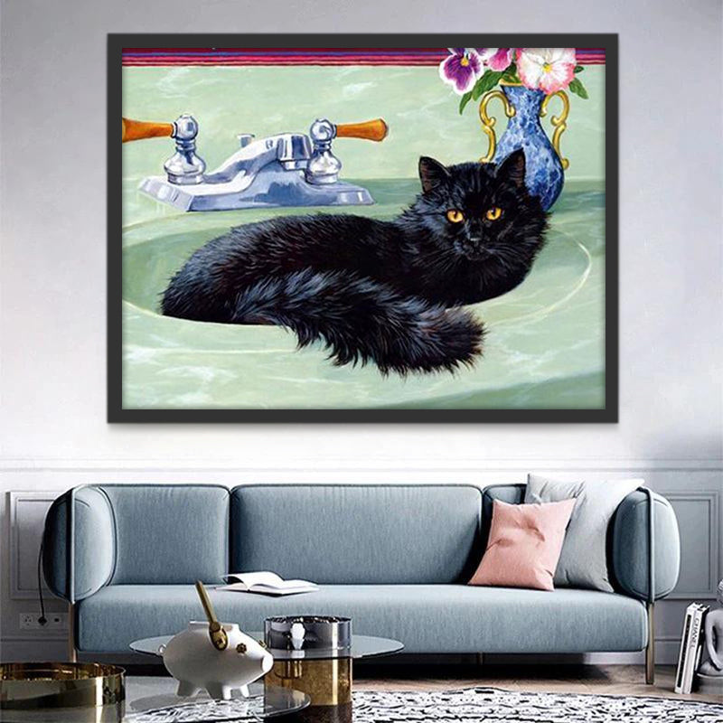 Zwarte Kat Liggend in een Zwembad Schilderen op Nummers