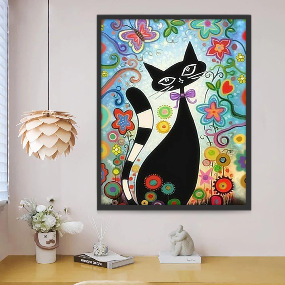Zwarte Kat met Kleurrijke Bloemen Schilderen op Nummers