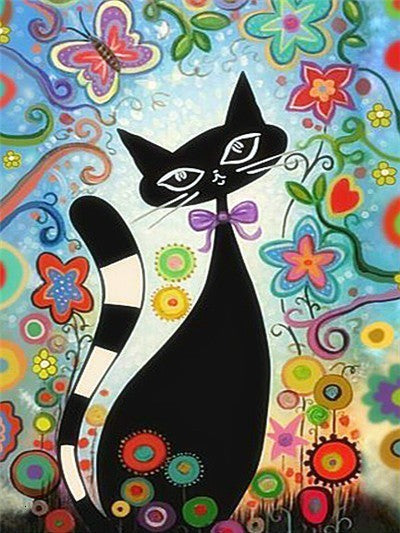 Zwarte Kat met Kleurrijke Bloemen Schilderen op Nummers