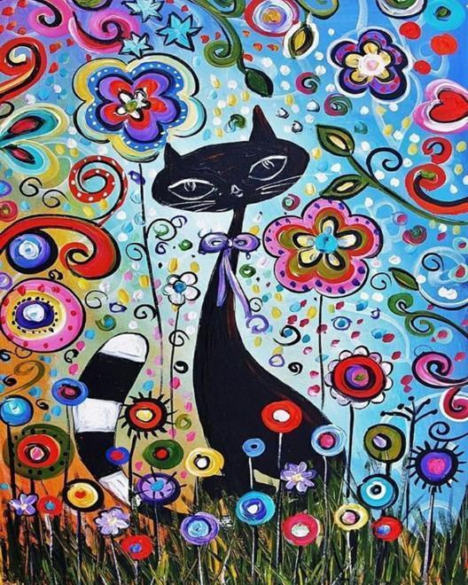 Zwarte Kat Omringd door Bloemen Schilderen op Nummers