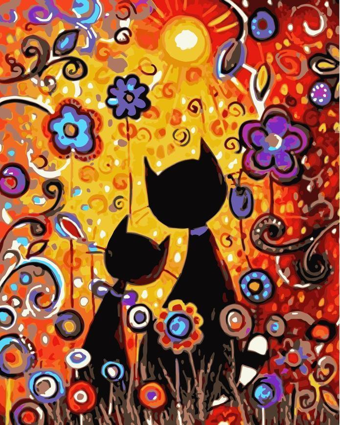 Zwarte Katten en Bloemen Schilderen op Nummers