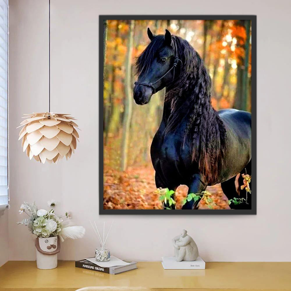 Zwarte Paard in het Bos in Herfst Schilderen op Nummers
